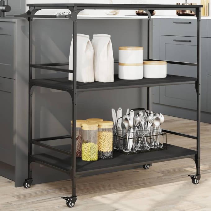 vidaXL - Keukentrolley - 100,5x50x105 - cm - bewerkt - hout - zwart