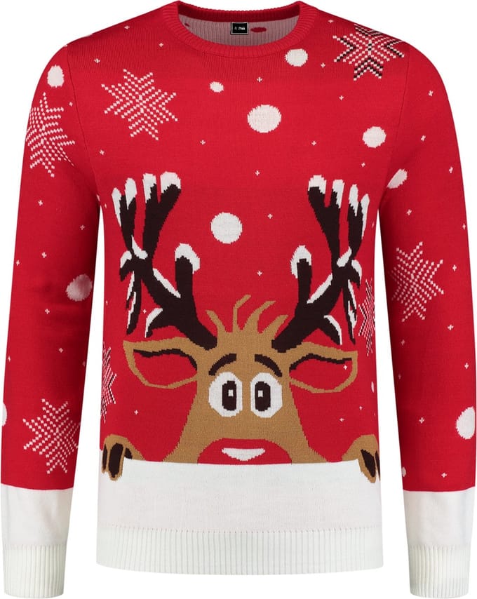 Foute Kersttrui - Rudolph Peakaboo Rood-Wit - Volwassenen