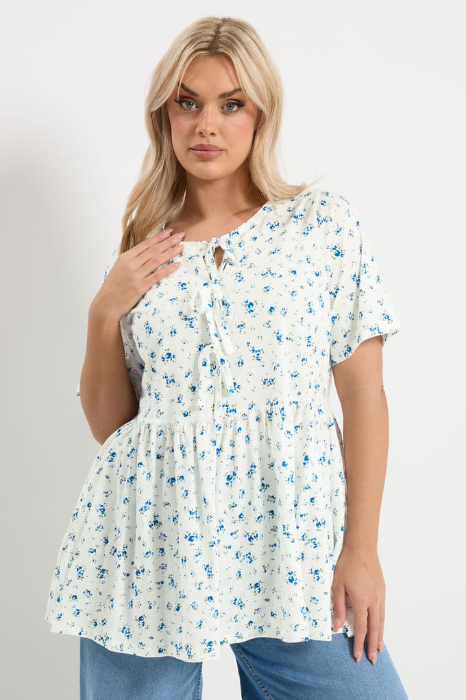 Yours Ivoorwitte Peplumtop Met Strik En Fijne Print Size 46