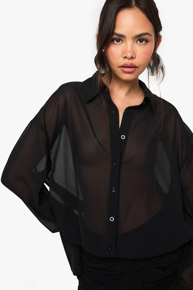 boohoo Dames Chiffon overhemdjurk met verlaagde taille en geraffelde details | Black | Maat: 8
