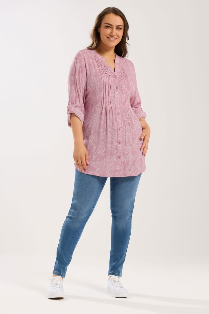 Yours Roze Blouse Met Bladprint En Fijne Plooien Size 48