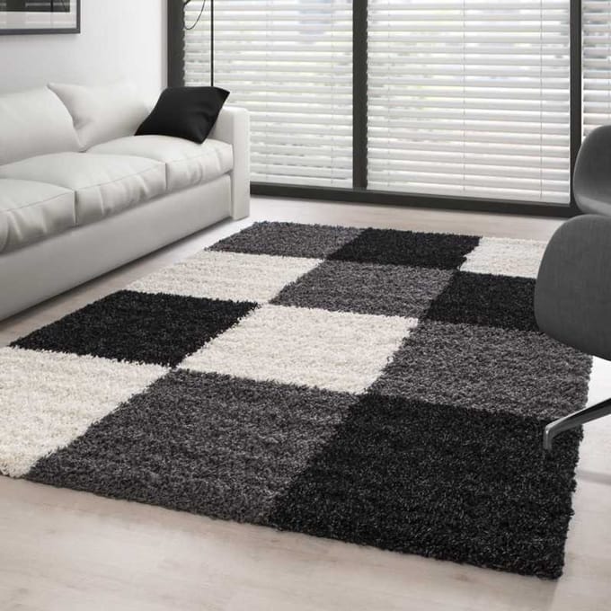 TapisTrend Harig tapijt Zwart-Wit-Grijs 80x150 cm Hoogpolig vloerkleed met ruitpatroon