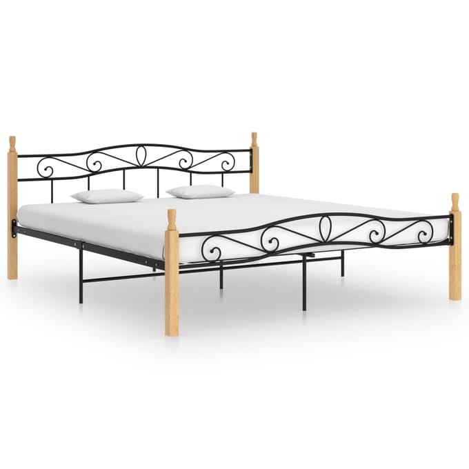 vidaXL - Bedframe - metaal - en - massief - eikenhout - zwart - 200x200 - cm