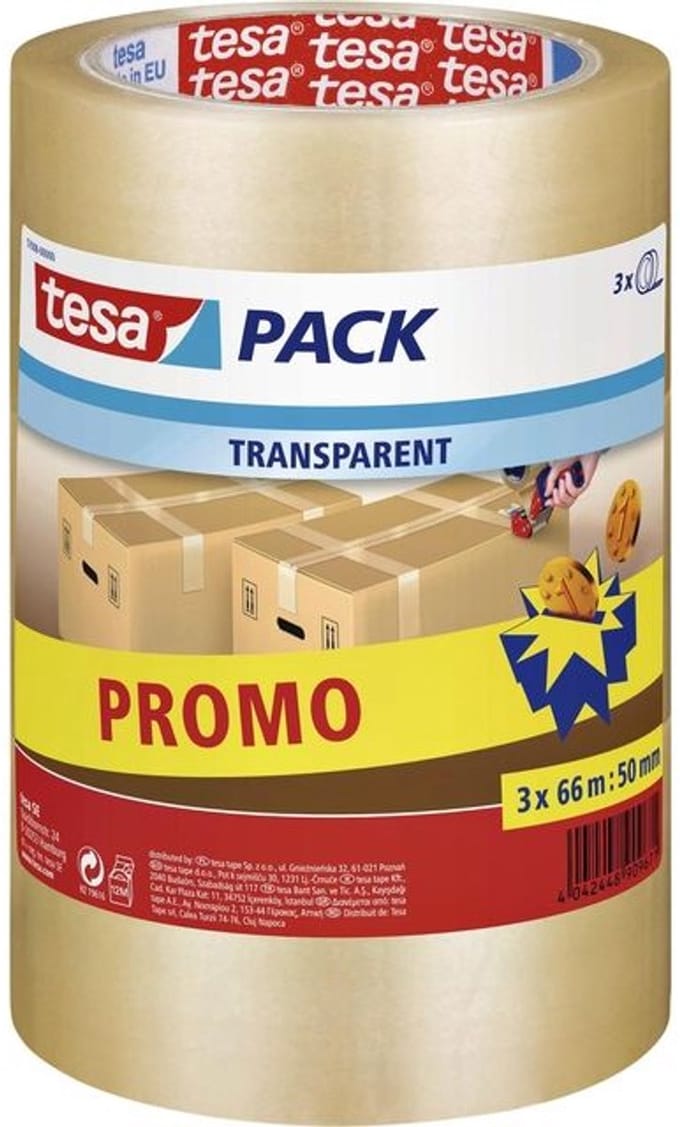Verpakkingstape tesapack® 66mx50mm transparant promopack 3 rollen | 12 stuks