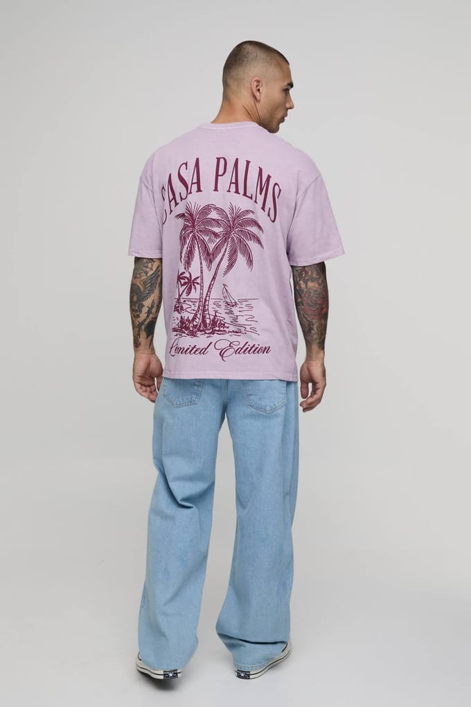 Gewassen Oversized Casa Palms Print T-shirt | Washed Pink | Size Medium