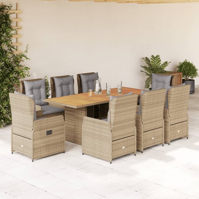 vidaXL - 9-delige - Tuinset - met - kussens - poly - rattan - beige