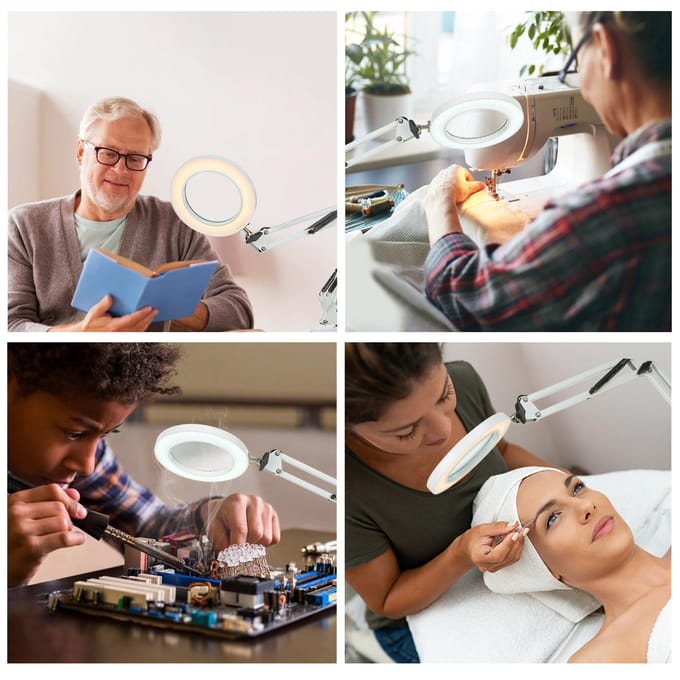 Neoglint Flexibele Klem Tafellamp met 8x Vergrootglas Zwenkarm Dimbare LED's Bureaulamp 3 Kleurstanden & 10 Helderheidsniveaus zwart