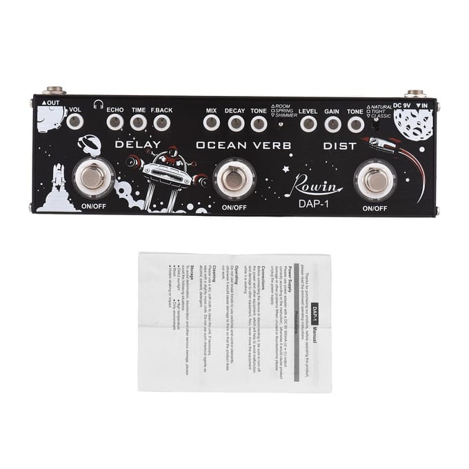ROWIN 3-in-1 Gitaar Multi-effecten Pedaal Delay/Ocean Verb/Vervorming Aluminiumlegering Behuizing met True zwart