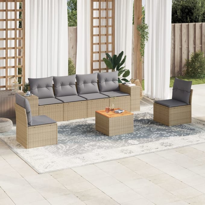 vidaXL - 7-delige - Loungeset - met - kussens - poly - rattan - beige