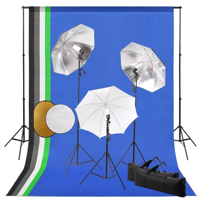 vidaXL - Fotostudioset - met - lampen, - paraplu's, - achtergrond - en - reflector