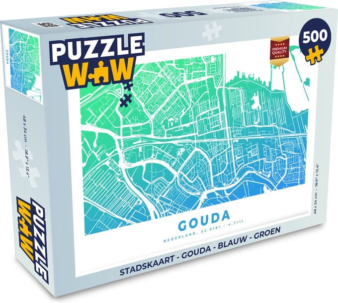 Puzzel Stadskaart - Gouda - Blauw - Groen - Legpuzzel - Puzzel 500 stukjes - Plattegrond