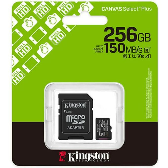 Kingston Technology 256GB microSDXC Canvas Select Plus Gen3 150MB/s A1 kaart + adapter