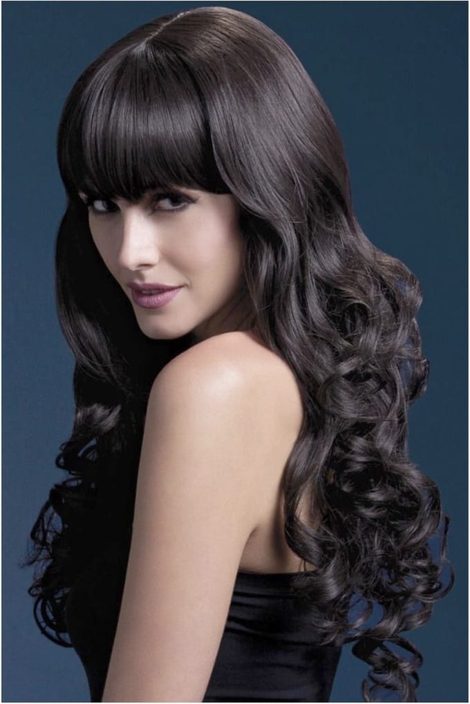 Lange Soft Curls pruik met scheiding donkerbruin - Carnaval Kostuum Pruik