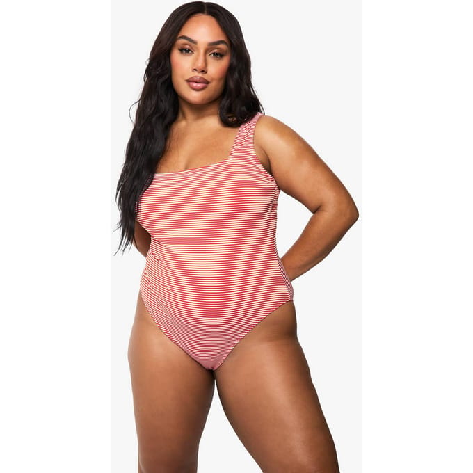 boohoo Dames Plus Seersucker Streep Scoop Neck Badpak | Rood | Maat: 54
