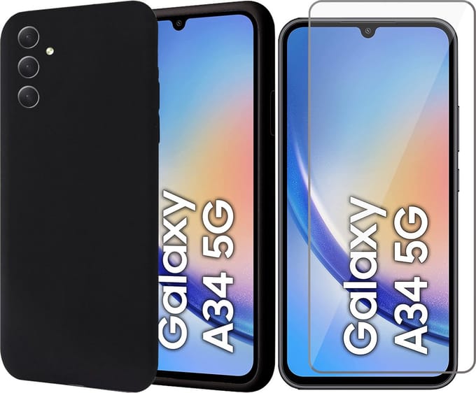 Hoesje geschikt voor Samsung Galaxy A34 - Screen Protector GlassGuard - Back Cover Case SoftTouch Zwart & Screenprotector