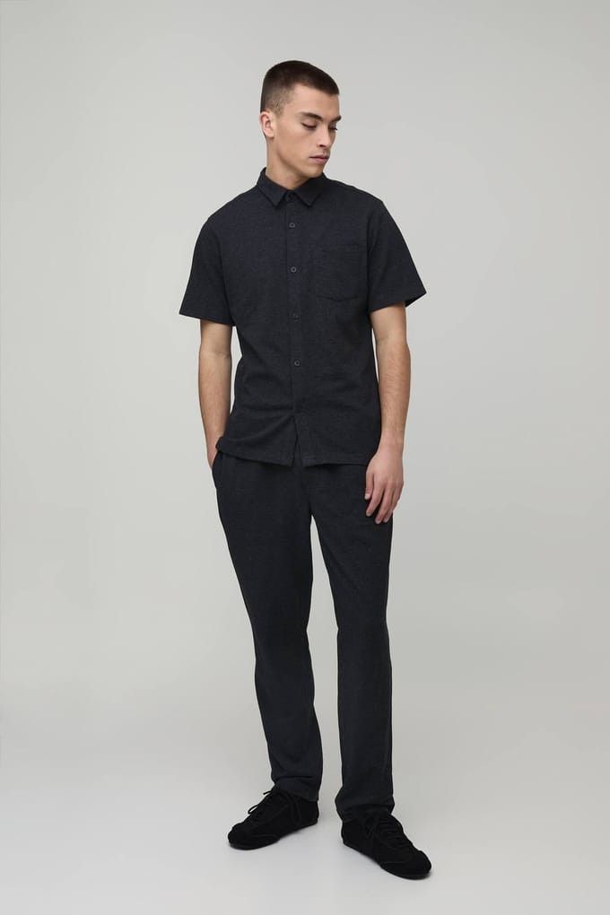 Slim Fit Short Sleeve Shirt and Tapered Trouser Set | Charcoal | Size Medium