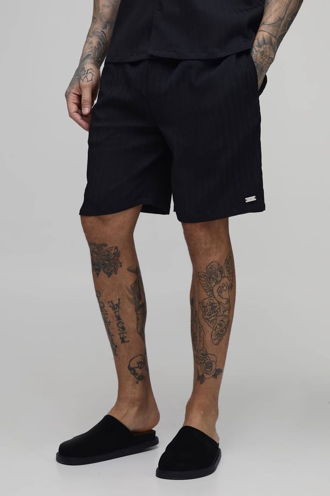 Lange Getextureerde Geplooide Shorts Met Ontspannen Pasvorm | Black | Size Medium