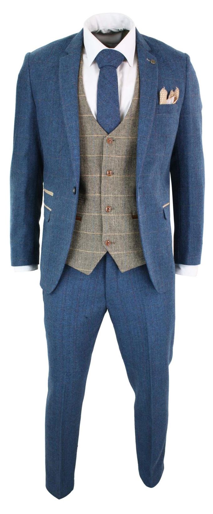 Heren 3-delig blauw Tweed Vintage pak