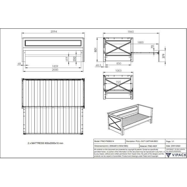 LUCEVI - Pino 93 Uitschuif Kajuitbed + Lattenbodem - Wit - 90/180x200 cm