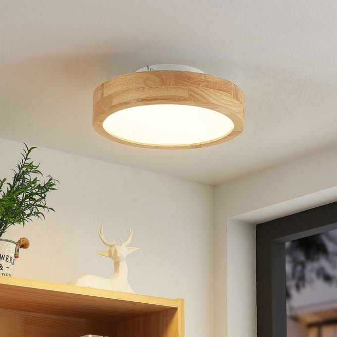 Lindby LED plafondlamp Lanira, Ø 30 cm, hout, afstandsbediening, CCT