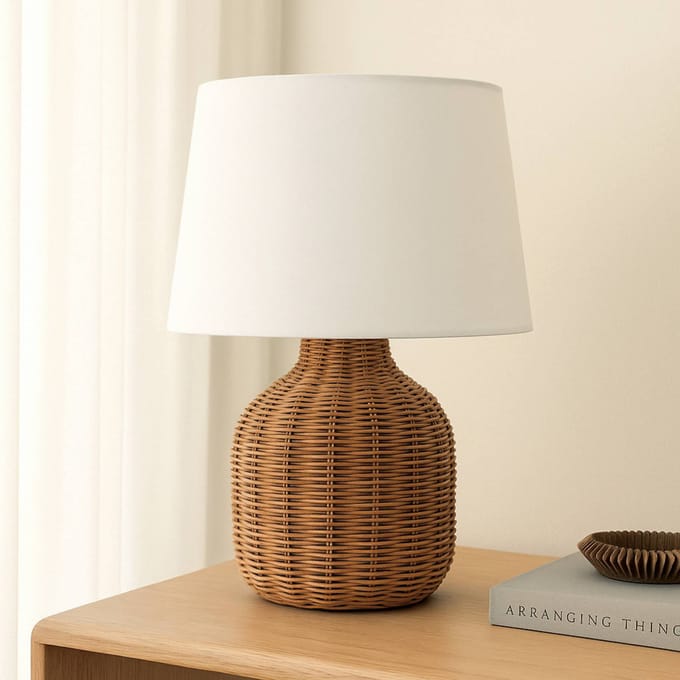 Lindby - Tafellamp - 1licht - Rotan, textiel - H: 52 cm - E27 - wit, licht hout