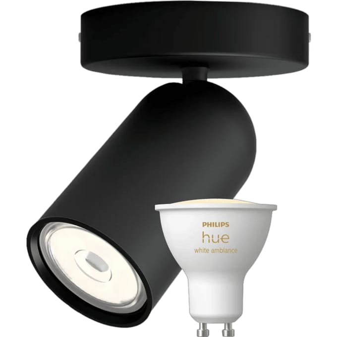 Philips Pongee opbouwspot - 1 spot - zwart + Philips Hue White Ambiance GU10