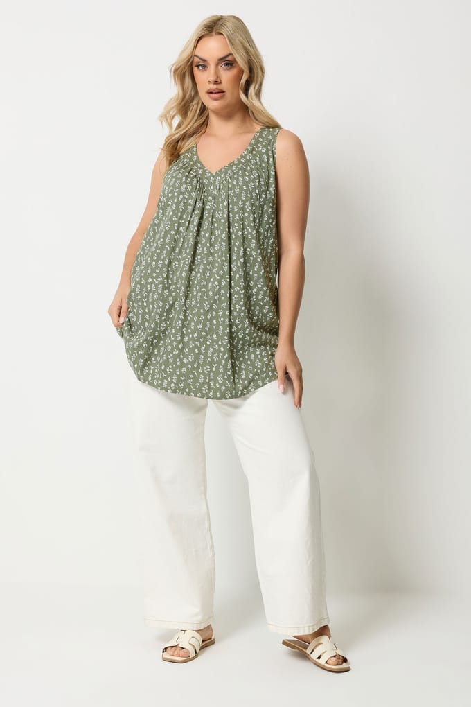 Yours Olijfgroene Top Met Bloemenprint Size 42