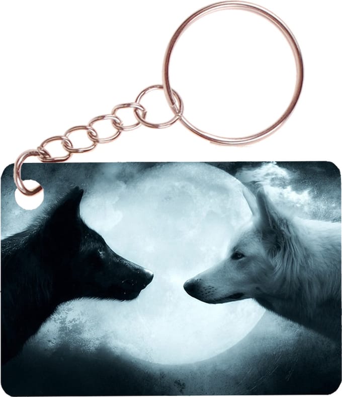 Sleutelhanger 6x4cm - Zwarte en Witte Wolf voor Maan