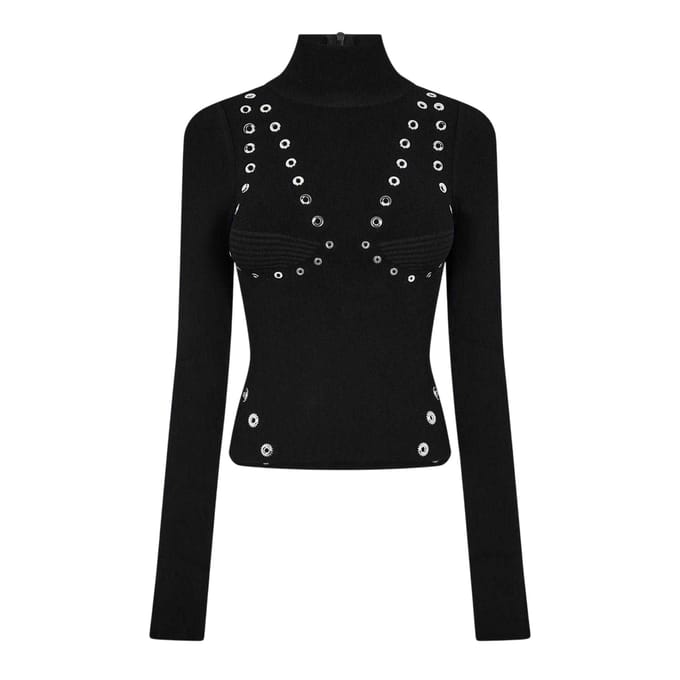 Off White Dames-top met oogjes en hoge kraag (Zwart)