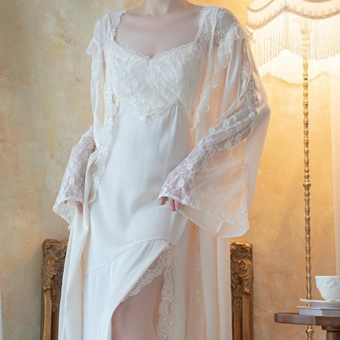Dames Badjas Set Effen Kant Patchwork Sexy V-hals Dames Nachthemd Split Prinses 2-delige Set Dressing Gown voor Dames M beige