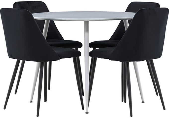 Plaza eethoek tafel Ø100cm en 4 velours stoelen grijs.