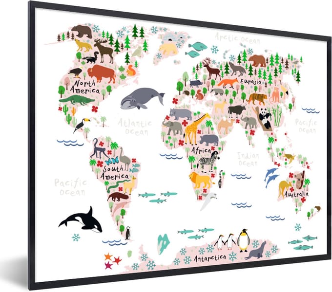 Wereldkaart - Kinderen - Dieren - Schoolplaat - Kinderkamer - 80x60 cm