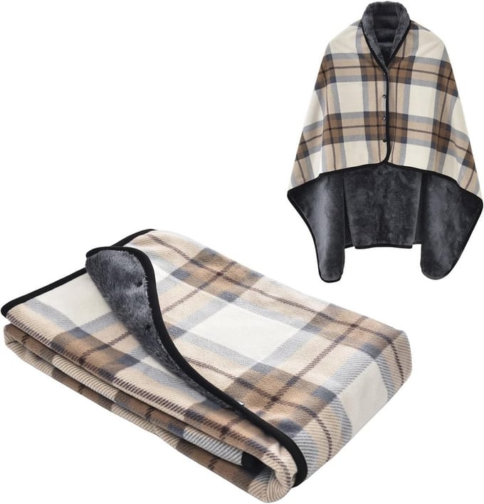 Warme Fleece Poncho voor Dames - Geruite Draagbare Deken en Omslagdoek