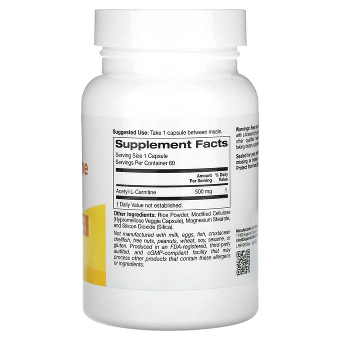 Super Nutrition, Acétyl-L-Carnitine, 500 mg, 60 Gélules Végétales