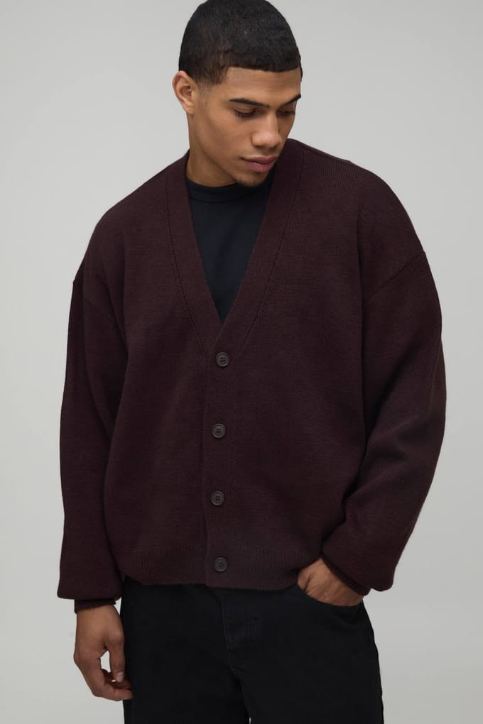 Oversized Boxy Soft Touch Knitted Cardigan | Chocolate | Size Small