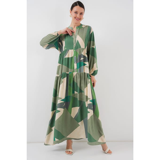 Geprinte V-hals Maxi-jurk met knoopsluiting