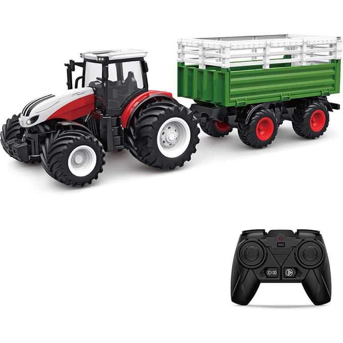 Tractor met afstandsbediening, 1 : 24 schaal 2,4 GHz afstandsbediening tractorspeelgoed met aanhangwagengrijperhooi veelkleurig