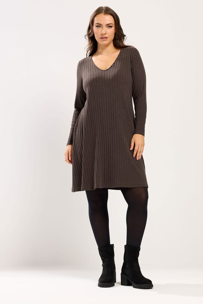 Yours Chocoladebruine Geribbelde Wijd Uitlopende Minijurk Size 48
