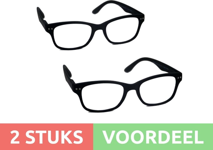 Computer bril - zwart rechthoekig sterkte 0.0 - 2 stuks - blauw licht filter - blue blocker leesbril