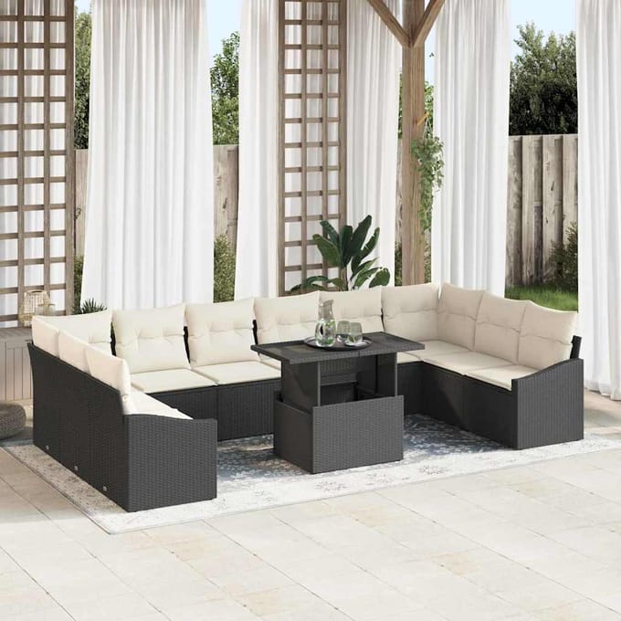 vidaXL - Bankstel - 11 - st - Zwart - en - Crème - poly - rattan