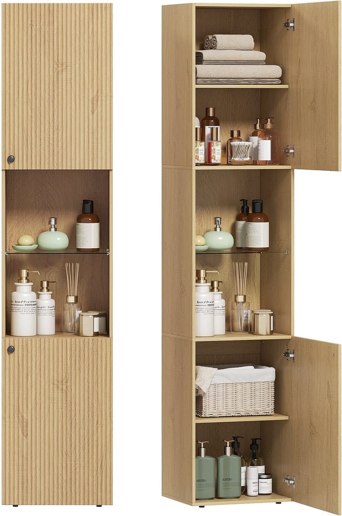 Homcom Bathroom Floor Cabinet-Spaanplaat, MDF-40L x 31B x 182H cm-Eiken