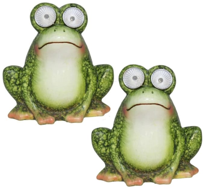 Gerimport Tuinbeeld dier kikker zittend - 2x - kunststeen - H11 cm - groen - Solar light ogen