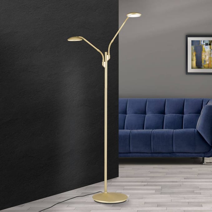 ORION LED vloerlamp Cobra, 2-lamps, messing-mat