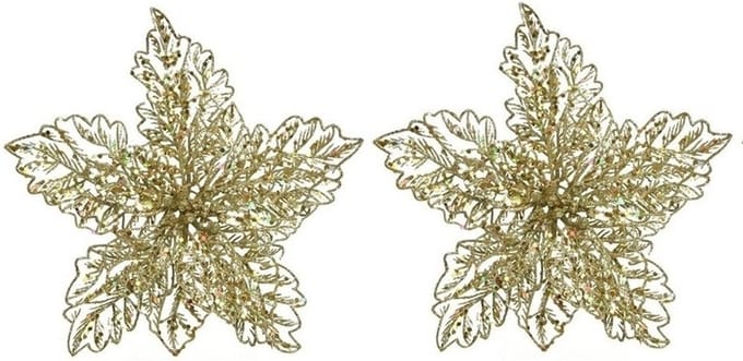 Bellatio Decorations Kersthangers - 2x - 23 cm - glitter bloem - goud - kerstboom decoratie - gouden kerstversieringen