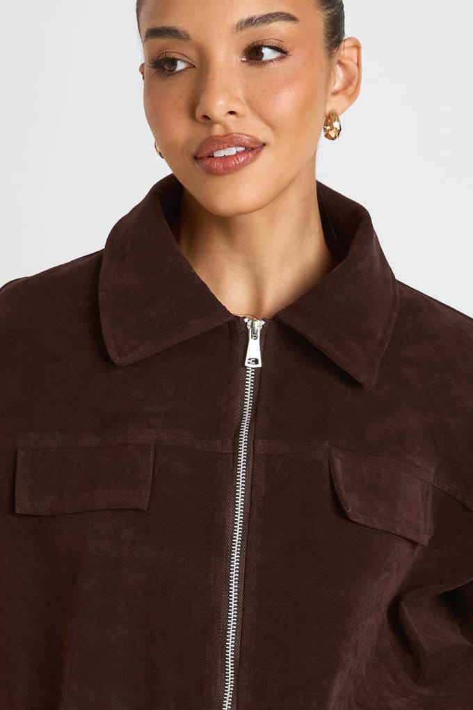 boohoo Dames Bomberjack van nep-suede met bubbelzoom | Chocoladebruin | Maat: 36