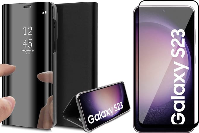 Hoesje geschikt voor Samsung Galaxy S23 - Screen Protector FullGuard - Book Case Spiegel Zwart & Screenprotector