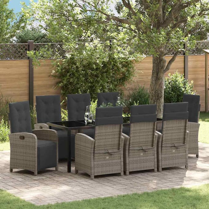 vidaXL - Tuin - Eettafel - Set - 9 - st - Grijs - poly - rattan