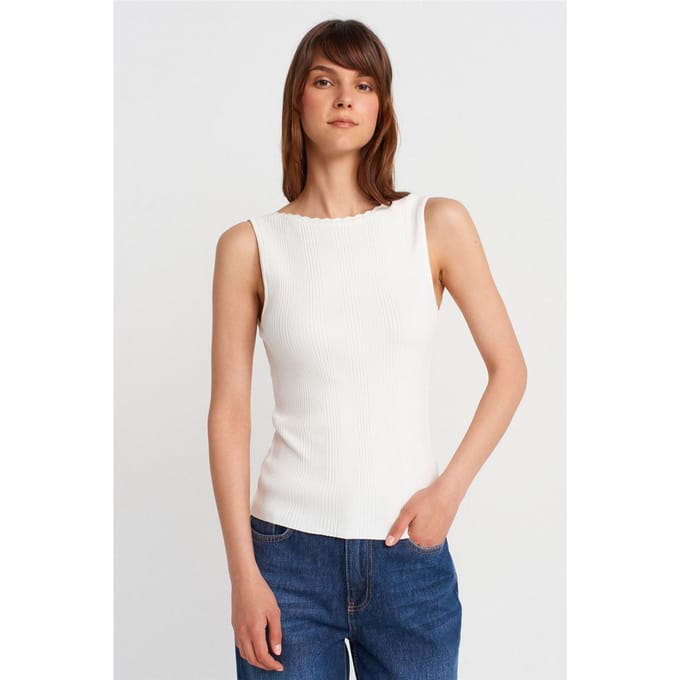 Geribbelde Mouwloze Boot-Hals Blouse