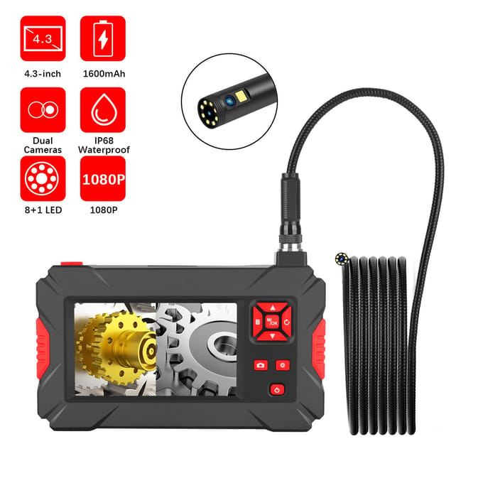 Industriële endoscoop met 8 mm auto-inspectiecamera, waterdicht LED-licht, 4,3 inch scherm zwart