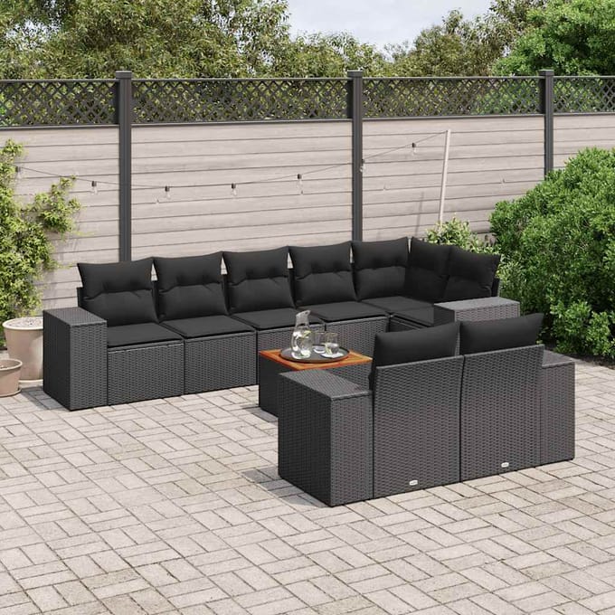 vidaXL - 9-delige - Loungeset - met - kussens - poly - rattan - zwart